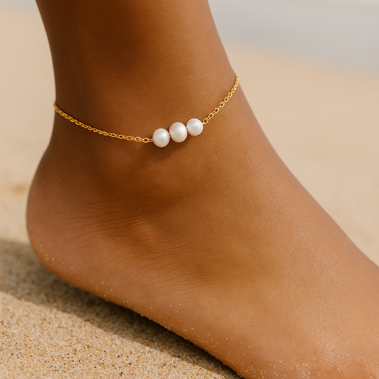 hypoallergenic Pearl waterproof anklet with gold chain