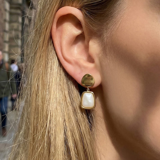 Gardenia Mother of Pearl drop earrings in gold and silver by Wyldflower Jewellery