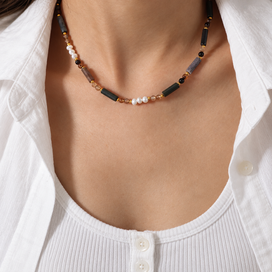 Maranta gemstone and pearl necklace by Wyldflower Jewellery