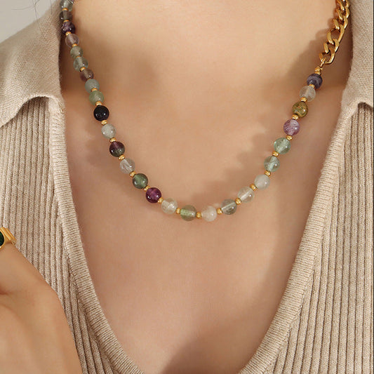 Green and purple stone bead necklace with gold extension chain