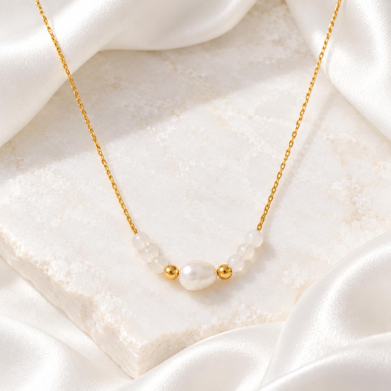 Waterproof pearl and natural agate necklace by Wyldflower Jewellery