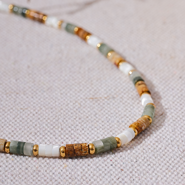 Acacia jade stone bead necklace with green cream and gold accents