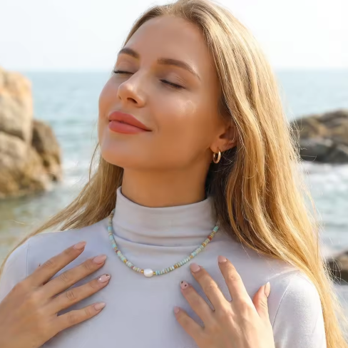 Waterproof Hypoallergenic stainless steel natural bead necklace 