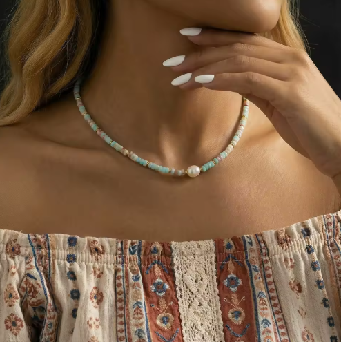 Waterproof Hypoallergenic stainless steel natural bead necklace 
