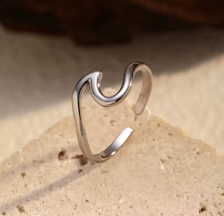 Waterproof hypoallergenic stainless steel wave style adjustable ring