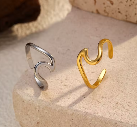 Waterproof stainless steel wave style adjustable ring