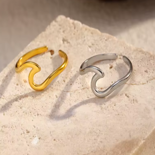 Waterproof stainless steel wave style adjustable ring