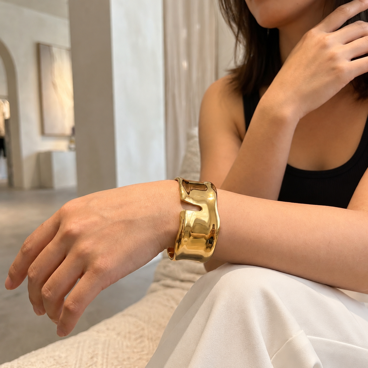 Large polished gold stainless steel cuff bracelet