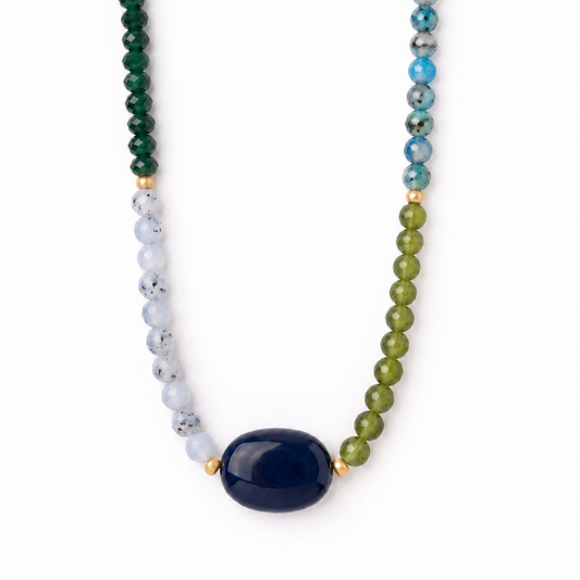 Natural agate crystal necklace with genuine freshwater pearls and gold accents