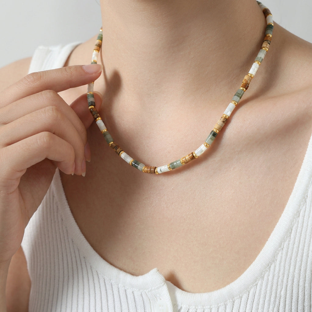 Acacia jade stone bead necklace with green cream and gold accents