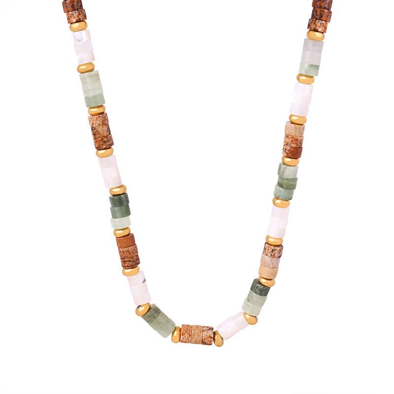 Acacia jade stone bead necklace with green cream and gold accents