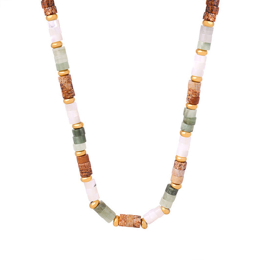 Acacia jade stone bead necklace with green cream and gold accents