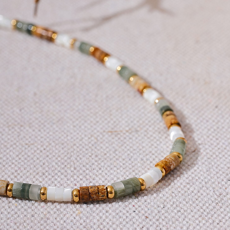 Acacia jade stone bead necklace with green cream and gold accents