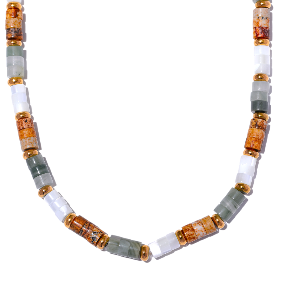 Acacia jade stone bead necklace with green cream and gold accents