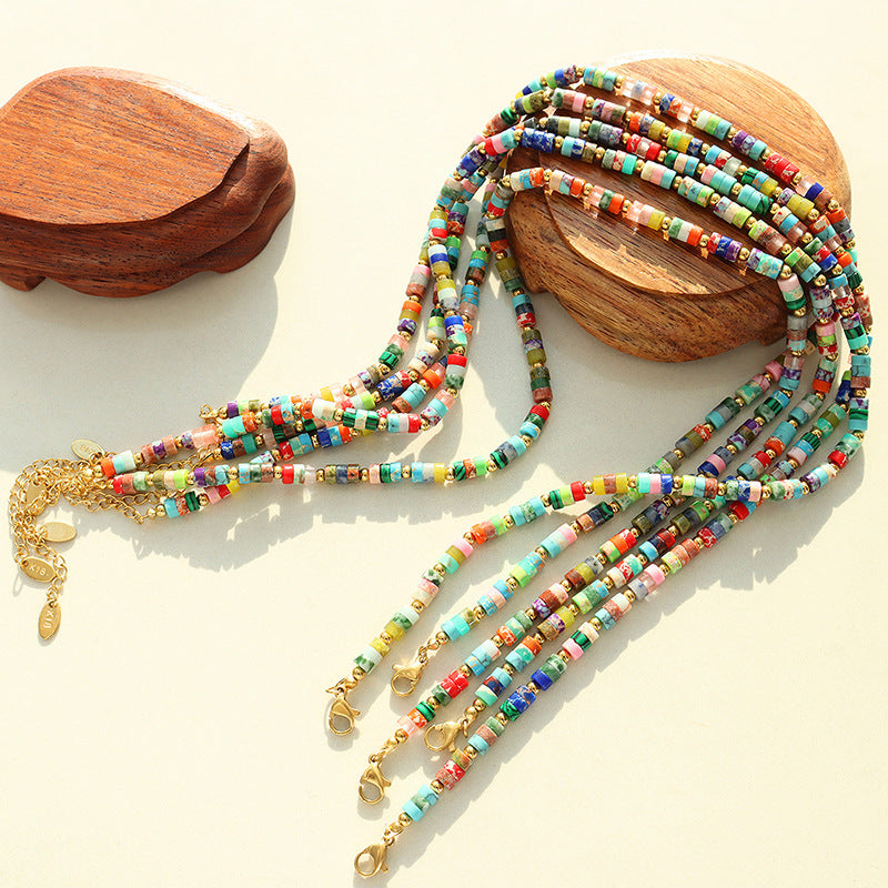 Colourful Agapanthus bead necklace with pink blue green and red beads