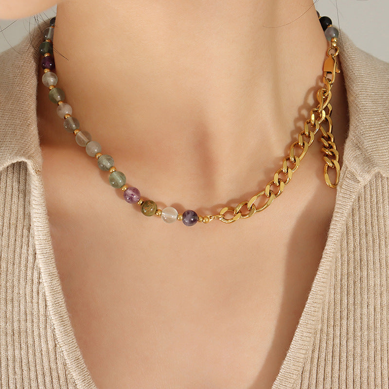 Green and purple stone bead necklace with gold extension chain