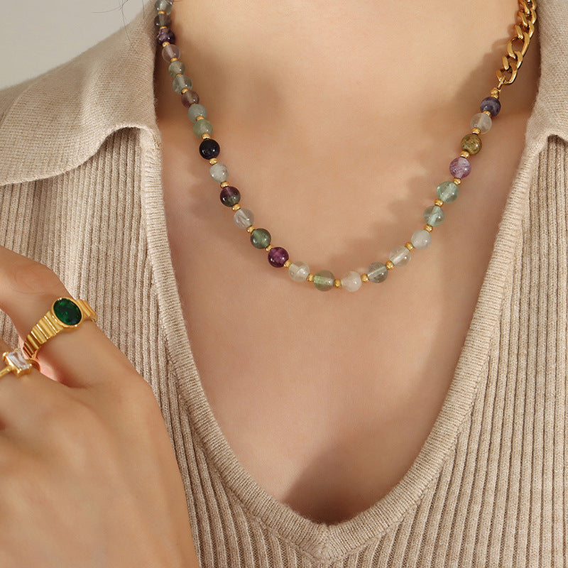 Green and purple stone bead necklace with gold extension chain