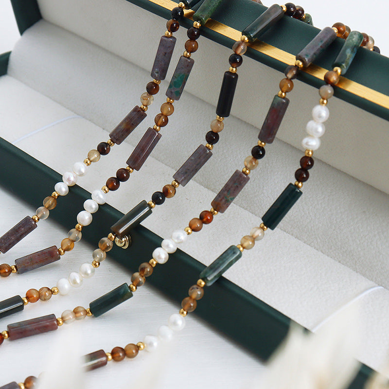 Maranta colourful gemstone necklace with green purple and pearl beads