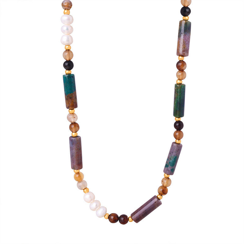 Natural agate crystal bead necklace with genuine freshwater pearls