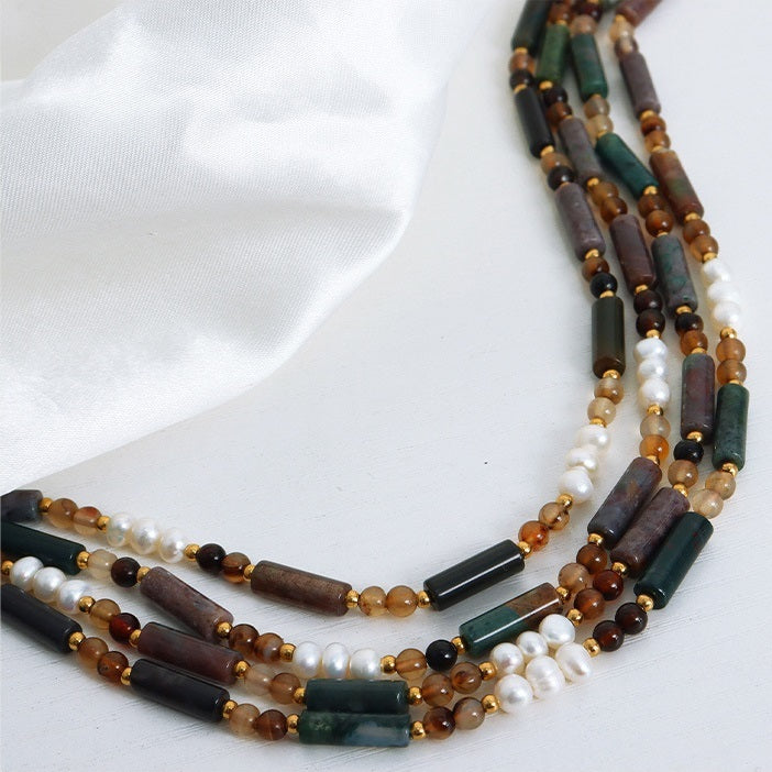Waterproof Maranta bead necklace with natural stones and pearls