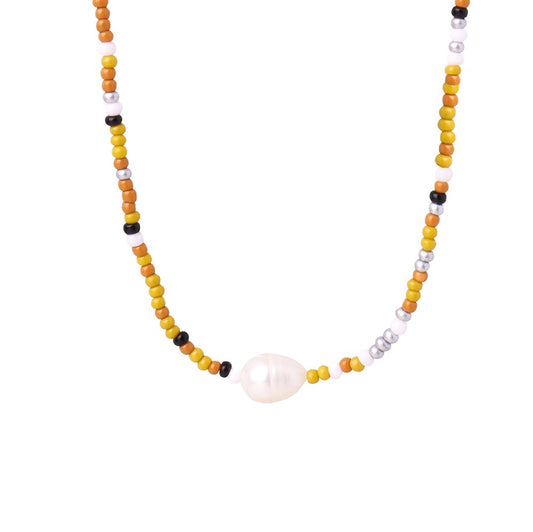 Mimosa multicolour bead necklace with yellow orange black white beads and central pearl