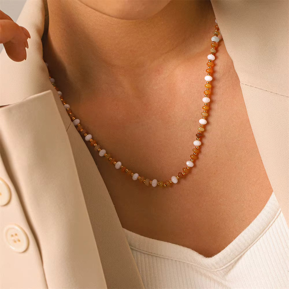 Calendula bead necklace styled for everyday wear