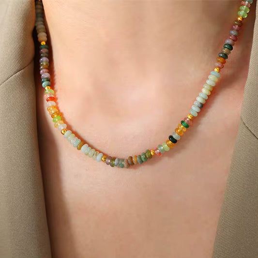 Zinnia bead necklace styled on model